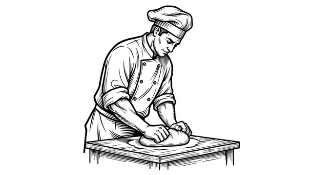 Chef Kneading Dough on Wooden Table Black and White Illustration