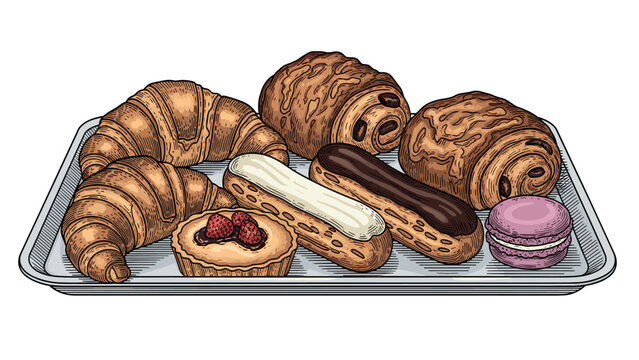 Assortment of French pastries on a tray including croissants eclairs macarons and tart