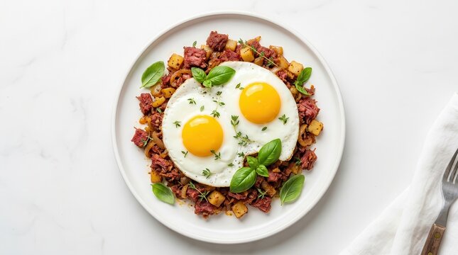 Delicious breakfast featuring corned beef hash topped with two sunny side up fried eggs.
