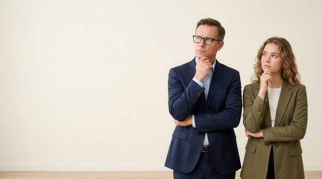 Two professional colleagues lost in deep contemplation during a collaborative thought process.