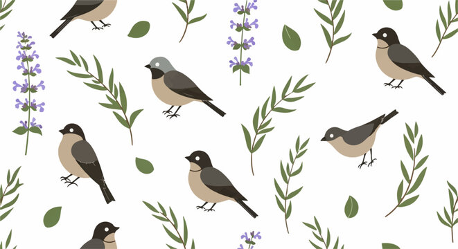 Colorful songbirds perched among green foliage pattern.