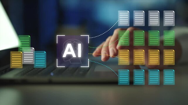 Automated document management system DMS. File and folder icons.  AI-powered document classification. 