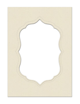 Cream paper photo frame with decorative scalloped ornate border and embossed dotted outline. Perfect for wedding invitations, scrapbook pages, greeting cards, baby albums, and elegant photo displays.