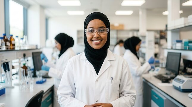Cheerful female student in a lab coat and safety glasses working in a contemporary science laboratory setting.