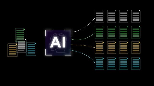 Automated document management system DMS. File and folder icons.  AI-powered document classification. 