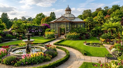 Obraz premium Ornate glass greenhouse standing in a lush estate garden for a luxury wellness concept