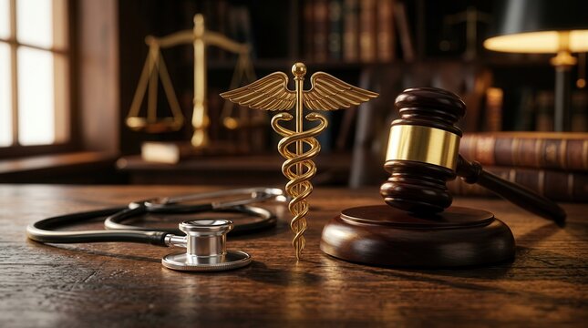 Legal liability in healthcare represented by a wooden gavel, stethoscope, and golden caduceus.