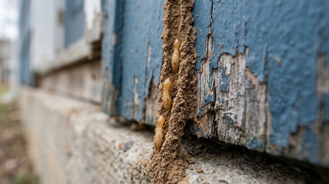 Close up view of termites and mud tubes causing structural damage to wood.