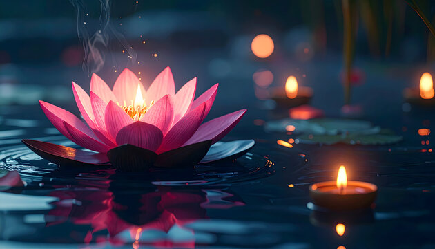 People release glowing pink lotus lanterns on serene pond at dusk surrounded by nature