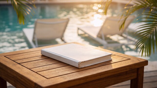Closed white journal resting on wooden side table by swimming pool with notebook poolside vacation relaxation wellness lifestyle tropical furniture stillness