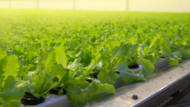 Lush green lettuce plants grow in neat rows within a modern hydroponic farm. Water circulates through channels to nourish the plants in a controlled environment