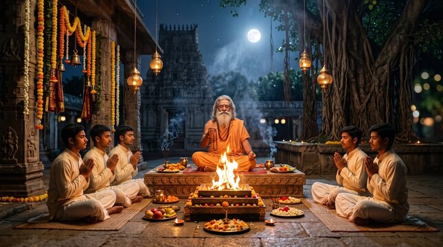 Guru purnima ancient temple night ceremony with guru teaching disciples near sacred fire for hindu relegious festival prayer and spiritual devotion
