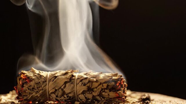A smoking smudge stick burning with white sage smoke, spiritual cleansing, aromatherapy, meditation