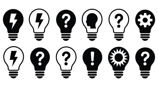 Assortment Of Light Bulb Icons With Lightning Bolt, Question, Person And Gear Symbols Representing Innovation, Ideas, Problem Solving And Creative Thinking Concepts.
