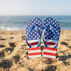 Fototapeta premium Pair of american flag patterned flip flops standing on sandy beach