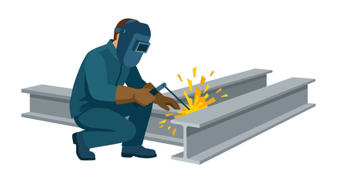 Industrial worker welding metal beams with sparks.