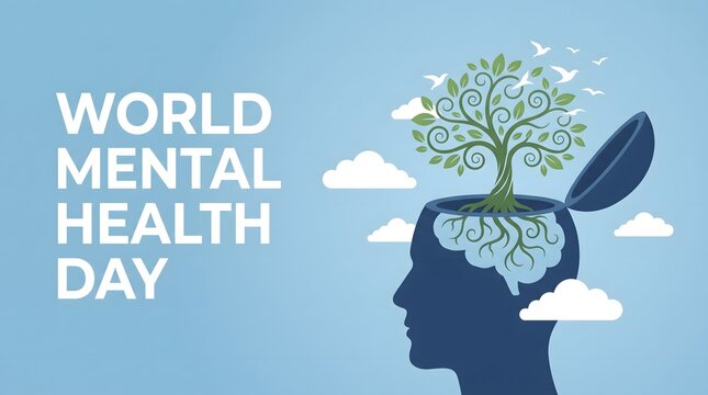 World mental health day illustration with tree of life inside human head silhouette, psychology