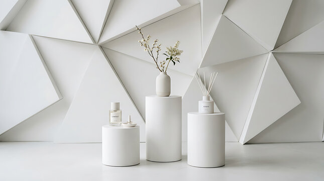 Minimalist white podium display with product mockups and geometric background