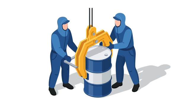 Workers handling industrial barrel with care and precision.