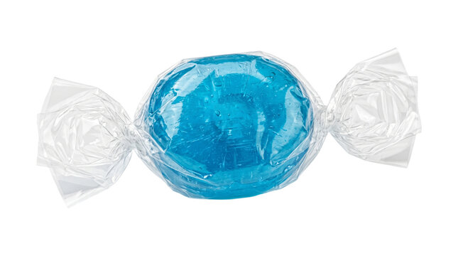 Round blue candy wrapped in clear plastic, sweet confection, sugar treat, lollipop, isolated on transparent background, refreshment, childhood snack, party favor, colorful dessert, studio shot.