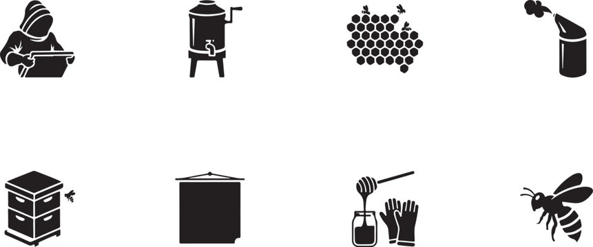 Beekeeping black silhouettes on white background, beekeeper
