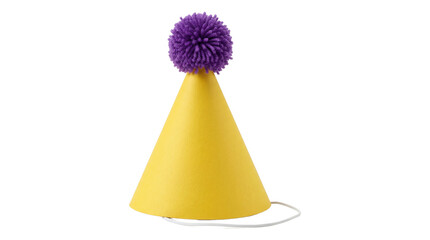 Fototapeta premium Yellow party hat with purple pom pom and elastic strap on transparent background for birthday celebrations and festive event decorations high quality png.