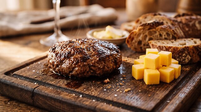 Juicy grilled beef hamburger patty served on a wooden board with cheese cubes and crusty bread culinary delicious appetizer lifestyle prepared homemade nutrition