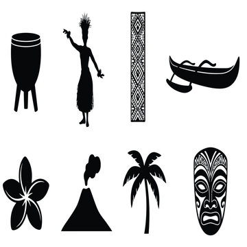 Polynesian and Hawaiian tribal culture silhouette icon set featuring hula dancer drum canoe volcano tiki mask palm tree plumeria vector