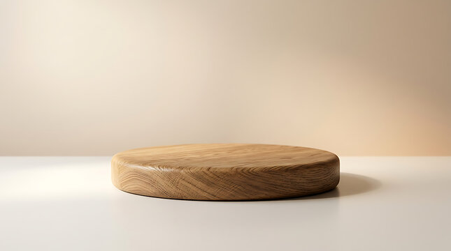 Title: Empty wooden round podium for product display with minimalist background