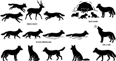 Obraz premium Deer and Fox River Crossing Silhouette Set – Wildlife Migration, Forest Animal Nature Icons 