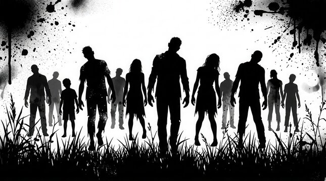 A group of zombies in silhouette walking through the ruins of a city after an outbreak.