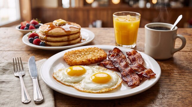 Traditional full american breakfast with pancakes eggs bacon and hash browns breakfast pancakes beverage delicious culinary restaurant hospitality lifestyle