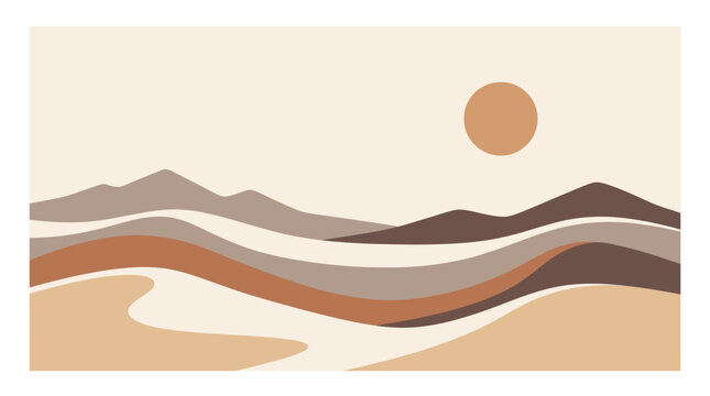 Minimalist abstract desert mountain landscape with sun boho art