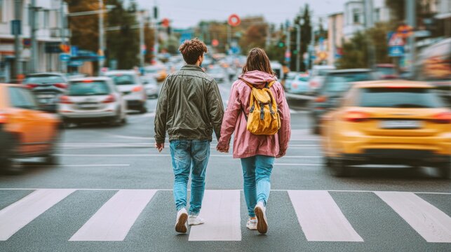 This captures a young couple walking hand in hand across a busy city street, viewed from behind. It is themes related to travel, youth, connection, and navigating the urban landscape together.