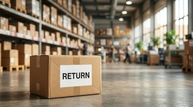 Online delivery order cardboard box featuring a return label in a warehouse setting.