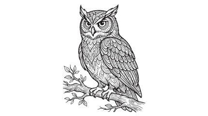 Intricate zentangle owl illustration, detailed bird coloring page vector, majestic great horned owl perched on a branch, black and white line art isolated on White Background © Iram