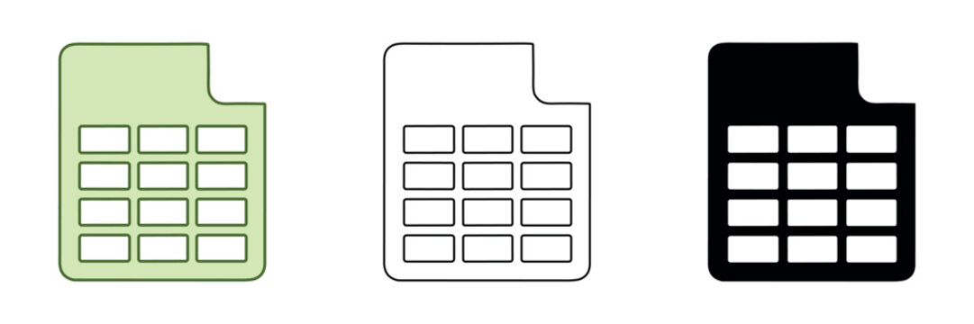 Spreadsheet document icon in three styles: filled, outline, and solid black