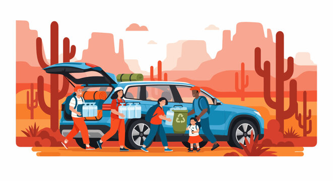 Family loading groceries into an electric car in a desert landscape.
