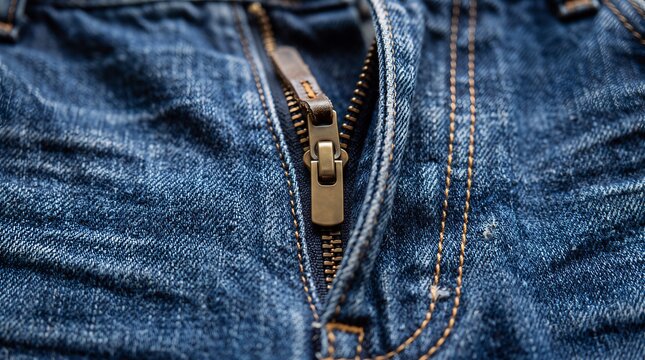 Close-up of denim jeans fly zipper detail with heavy blue fabric texture fastener clothing material trousers denimwear unzipped fashionable jeanswear mechanism