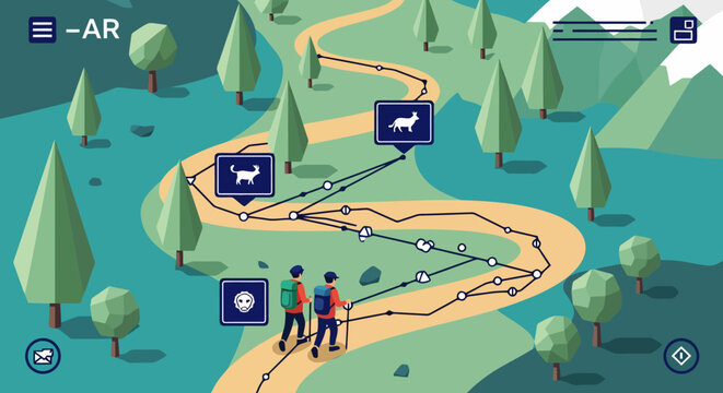 Hikers navigating a digital map with augmented reality features in a mountainous landscape.