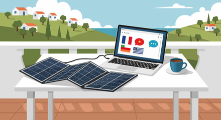 Fototapeta premium Laptop and portable solar panels on a table for remote work.