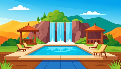 Fototapeta premium Colorful cartoon landscape with wooden house and lake.