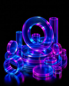 3D neon glass rings with blue magenta cylinder forms