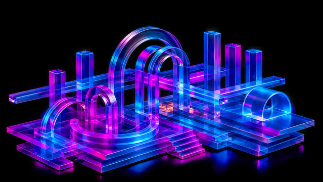 3D glass grid skyline with neon arch platform forms