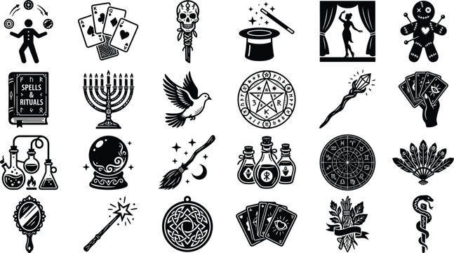 Magic and Esoteric Occult Black Silhouette Icon Set Featuring Witchcraft Rituals Fortune Telling Astrological Signs and Mystic Fortune Symbols