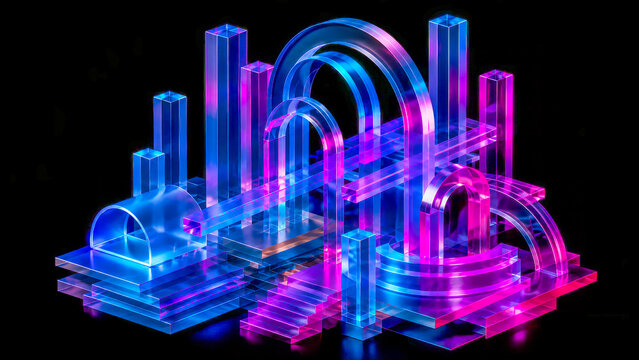 3D neon arcade structure with blue magenta glass columns
