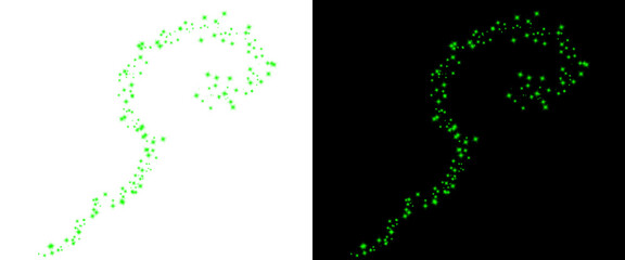 Fototapeta premium Green glitter dust trail on white and black background, magic sparkle swirl effect, glowing emerald stardust particles for festive design