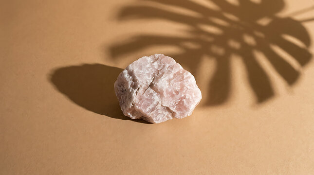 Natural stone pedestal with tropical monstera leaf shadow for product display
