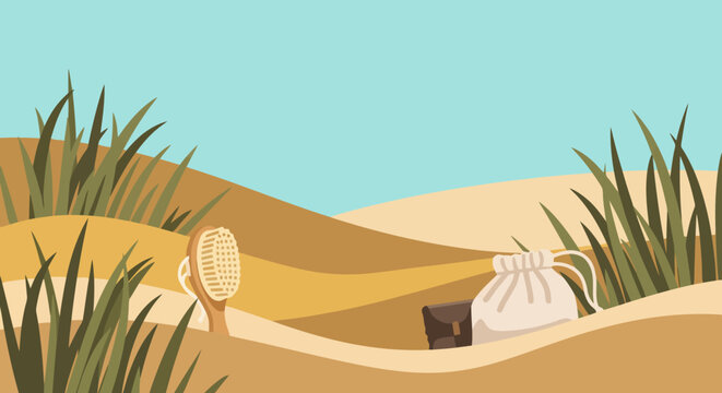 Lost items in desert sand dunes with sparse vegetation.