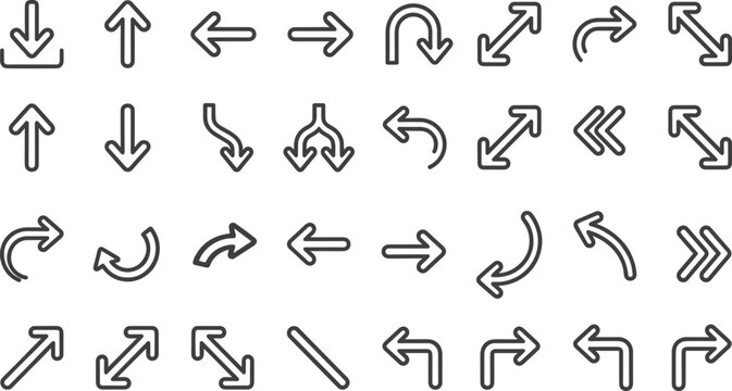 Navigation Arrow Line Icon Set Featuring Directional Pointers Fullscreen Expansion Curved Splits Download and User Interface Digital Design Elements